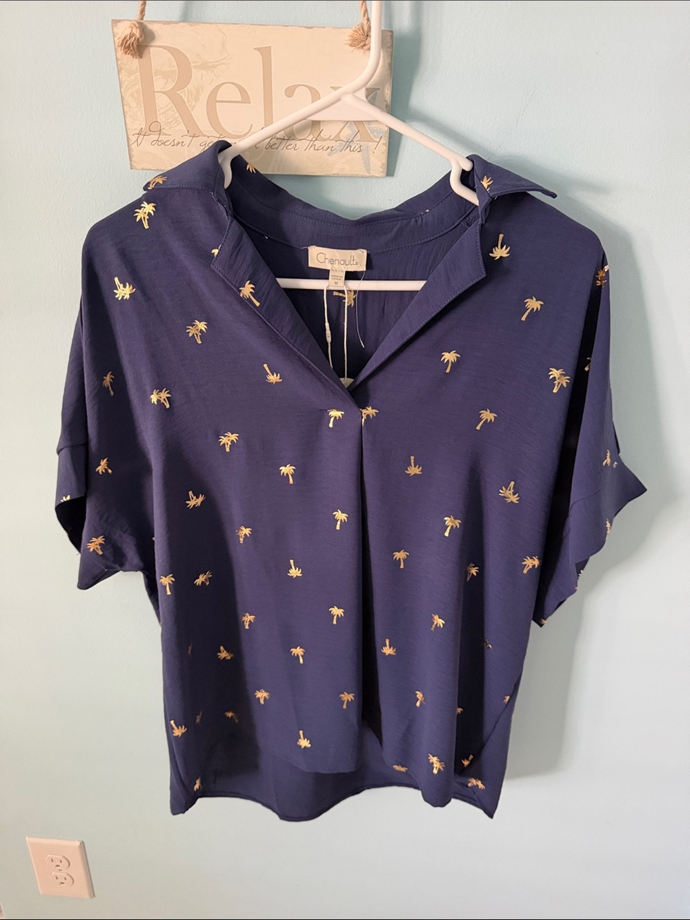 NWT Chenault Navy Short-Sleeve Palm Print Shirt size M